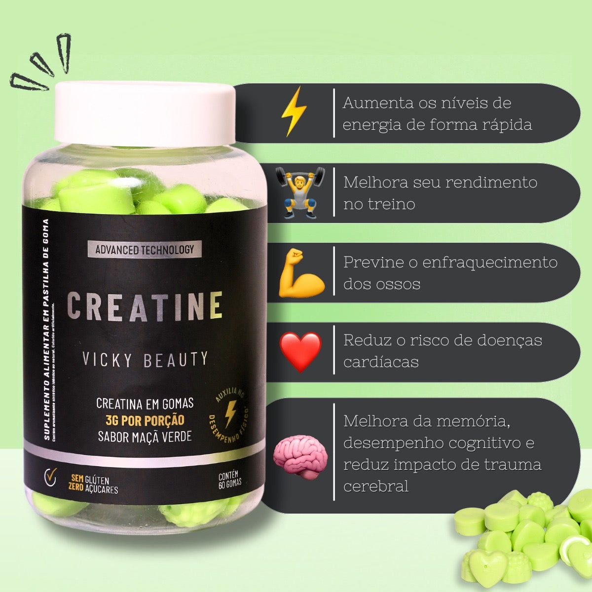CREATINE - Creatina em Goma Sabor Maçã Verde (60 gomas)