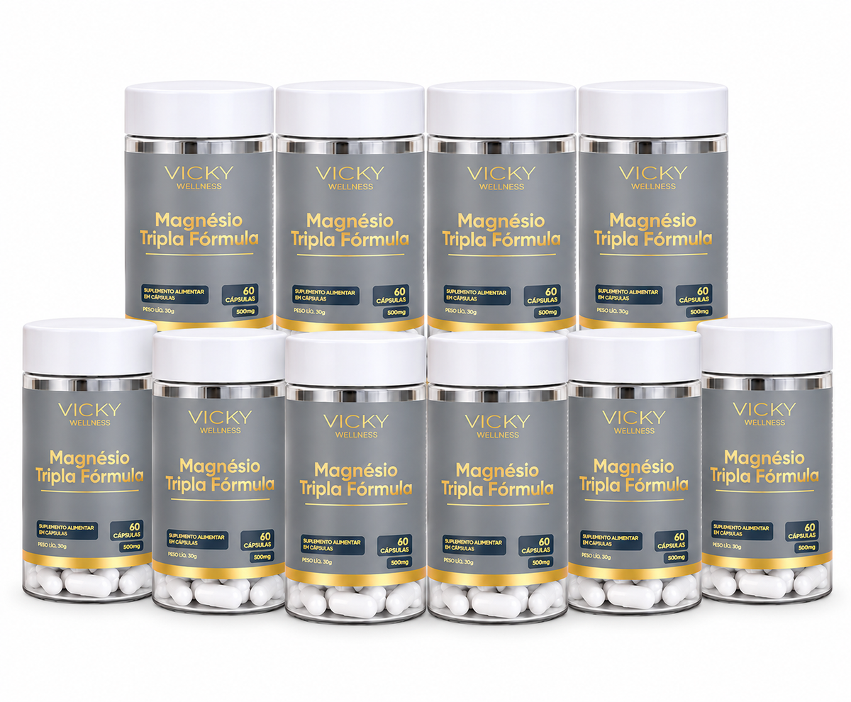 Kit 10x Magnésio Tripla Fórmula  - Vicky Wellness L-Treonina - 60 Cápsulas