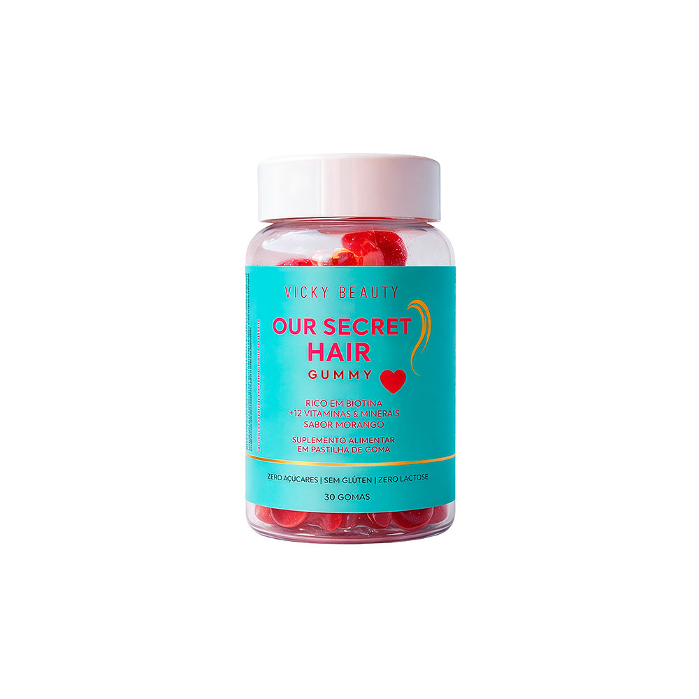 OUR SECRET HAIR GUMMY - 12 Vitaminas e Minerais Sabor Morango (30 GOMAS) - VICKY BEAUTY