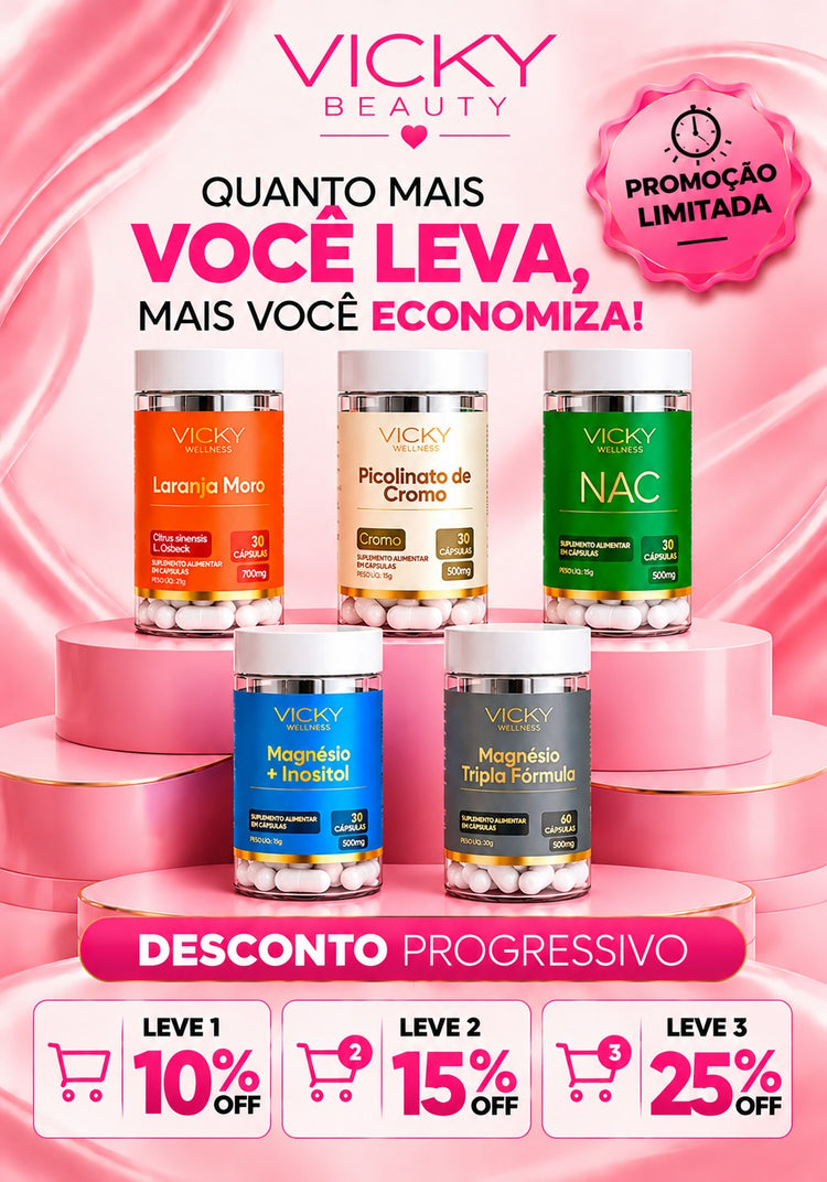 Vicky Wellness: quanto mais você leva, mais você economiza. Desconto progressivo nas cápsulas.